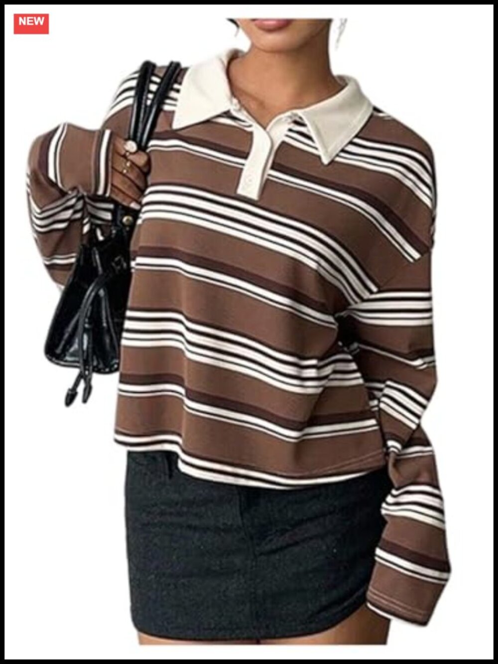 Striped Rugby Crop Top Long Sleeve Collared Button Up Y2K Preppy Tee